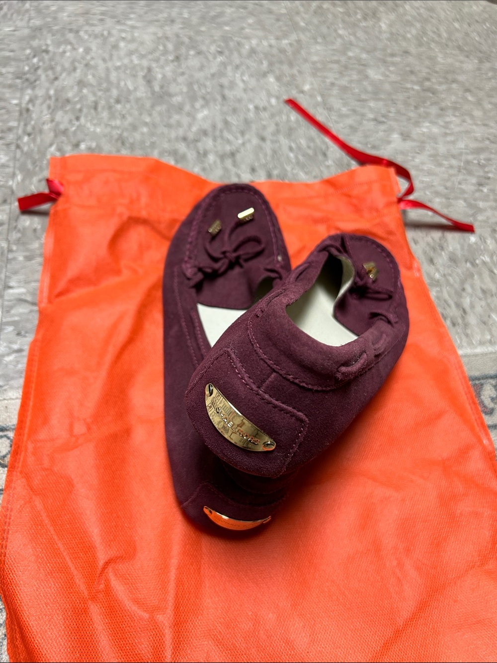 MICHAEL Michael Kors Women's Burgundy Suede Moccasins with Bow and Gold Accents - Picture 2 of 3